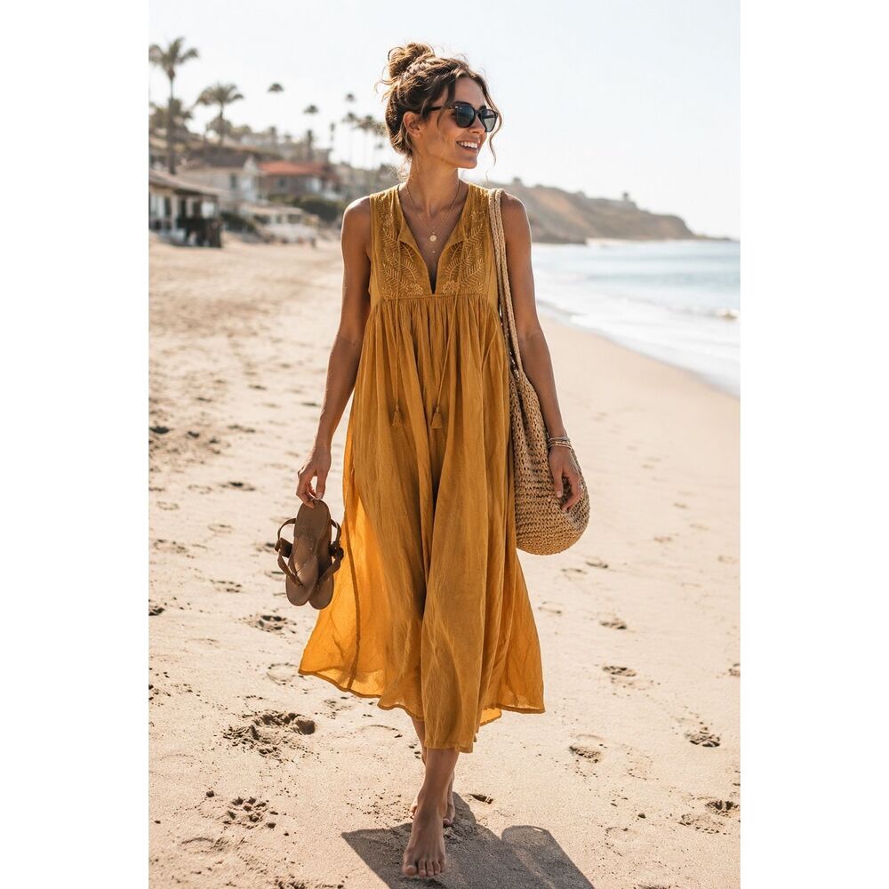 Auguste The Label Gold Boho Gauze Maxi Dress women’s 2 XS